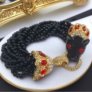 Panther Doorknocker Enamel Crystal Ruby Cabochon Onyx Bead Statement Bracelet